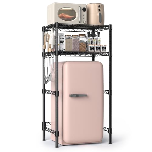 Hodonas Mini Fridge Stand with Adjustable Shelf, 2 Tier Storage Rack Organizer for Refrigerator & Microwave, Storage Shelves and Space Saver for Dorm Room, Office, Kitchen, Apartment, Garage, Black