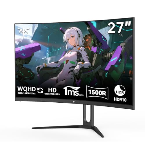 KTC 27インチ 曲面ゲーミングモニター WQHD@200Hz HD@400Hz 1ms(MPRT) 1500R湾曲 VAパネル HDR10 Adaptive Sync対応 sRGB127%広色域 5000:1高コントラスト HDMI2.0×2 DP1.4 PS5チルト調整 VESA対応 3年保証 H27S5