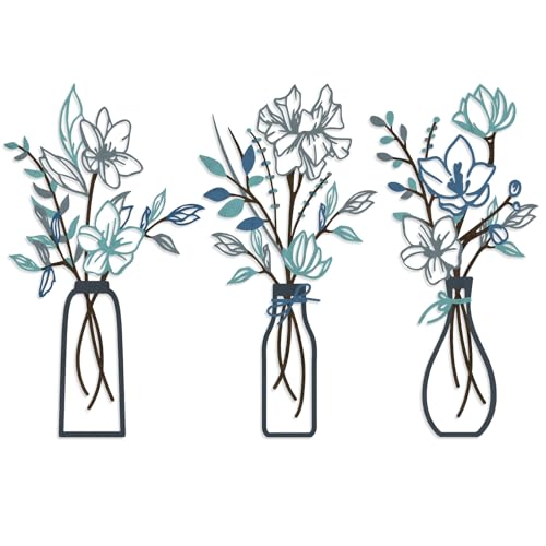 ARTINME 3 Pieces Metal Flowers Wall Arts - Rustic Farmhouse Decor Minimalist Flower Wall Decors for Living room Bathroom Kitchen Bedroom Dining Room - Housewarming Gifts (Blue)
