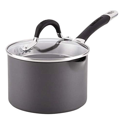 Circulon Momentum Hard-Anodized Nonstick 2-Quart Covered Straining Saucepan with Pour Spouts - Gray