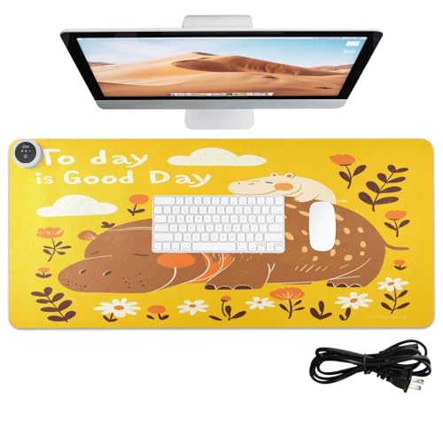 Tapis de souris chauffant 80x33 cm jaune hippopotame pour bureau et ordinateur