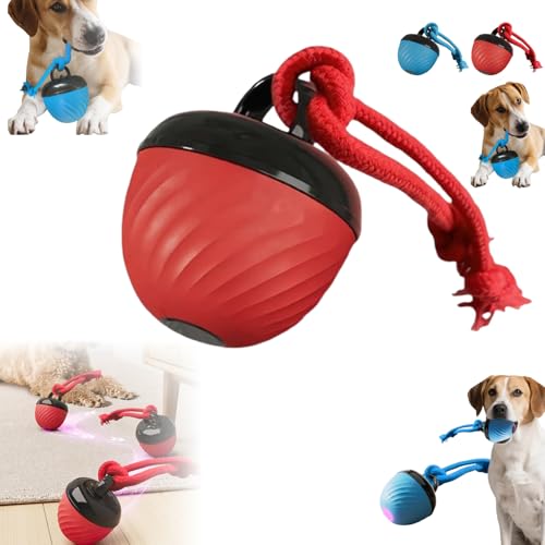 インタラクティブな犬のおもちゃボール、2025年新登場のペットの子犬用ボール、ロープ付き、電動の自動移動と転がり犬のおもちゃ、小型中型大型犬の毎日のトレーニング用