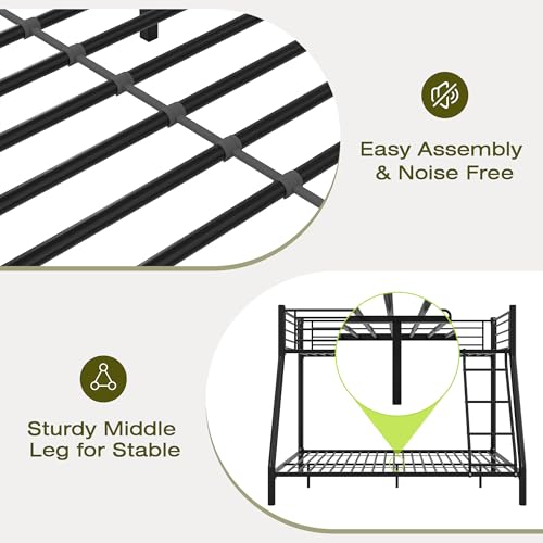 Image of VECELO Bunk Bed Twin Over Full, Metal Bunkbeds with Ladder and Full-Length Guardrail, No Box Spring Needed, Space Saving, Noise Free, Black
