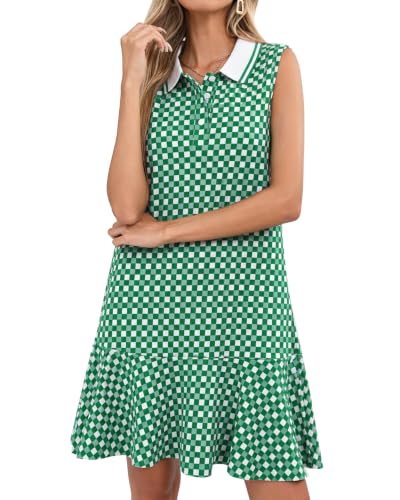 Image of YEXPINE Women's Sleeveless Polo Dress Ruffle Hem Lapel V Neck T-Shirt Summer Mini Dresses
