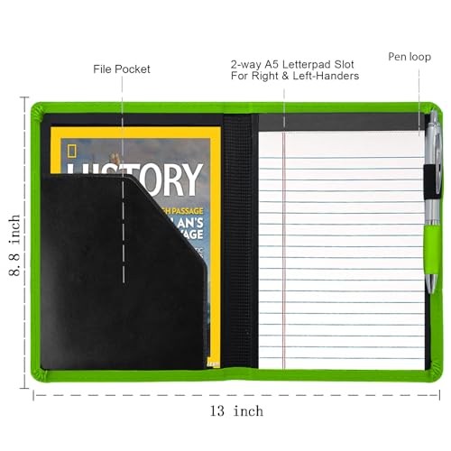 Image of Classic Padfolio /Junior Portfolio Folder Case, Business A5 Binder Organizer Notepad for Men Women, 5 x 8 Writing Pad Included, Green