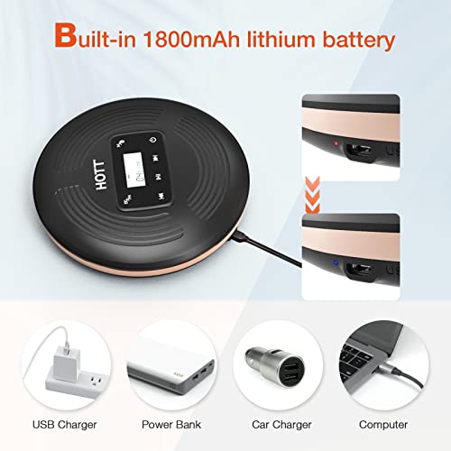 Hott Cd903Tf Rechargeable Portable Cd Player With Bluetooth For Car With Aux Output And Fm Transmitter,Touch Buttons ,Headphones Anti-Shock Protection-Black #TOP1