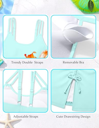Image of Girls Swimsuit Tropical 3 Piece Tankini Adjustable Strap Bathing Suit Solid Modest Swimwear with Drastring Skirt 9-16y