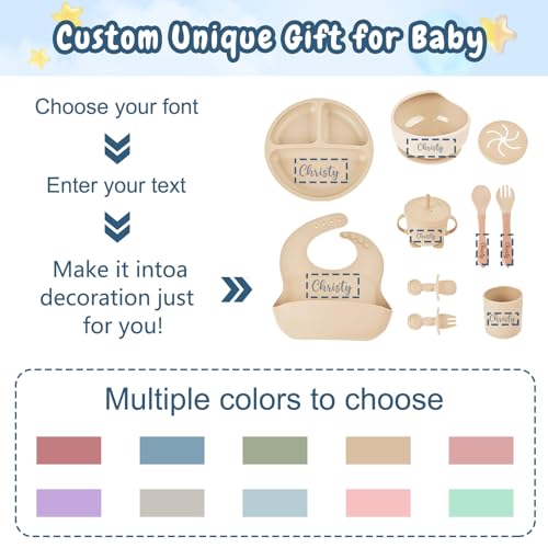 Personalisiertes Silikon-Baby-Essset mit Namen, individuelles Baby-Selbstentwöhnungsset, Selbstfütterungsgeschirr mit Löffel, Gabel, Silikon-Saugnapfschale, Tasse, Teller Armeegrün
