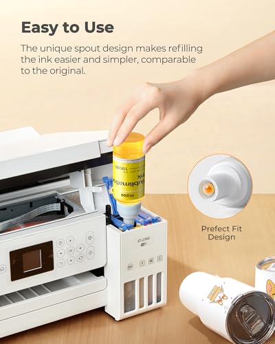 Hiipoo 440ML Sublimation Ink Refilled Bottles Compatible for ET2400 ET2720 ET2760 ET2750 ET4800 ET-2800 ET-2803 ET-2850 Inkjet Printers Heat Press Transfer on Mugs T-Shirts, 1BK/1C/1Y/1M