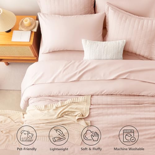 Image of CozyLux Queen Comforter Set Blush Pink, 7 Pieces Seersucker Textured Luxury Bed in a Bag Queen, All Seasons Bedding Sets with Down Alternative Comforter, Sheets, Pillowcases & Shams, Bedroom Bed Set