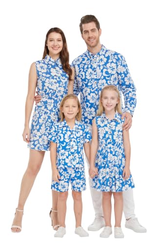 Image of Hawaii Hangover Family Matching Clothes, Classic Vintage Hibiscus Blue | Family matching Hawaiian outfits, Classic Vintage Hibiscus Blue, 100% cotton, machine washable, tropical floral print, luaus