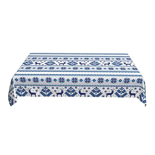 Snowflake Reindeer Blue Tablecloth, Washable Polyester Table Cover For Dining Room Kitchen Party Winter Christmas Decoration 60"X90" Oblong #TOP1