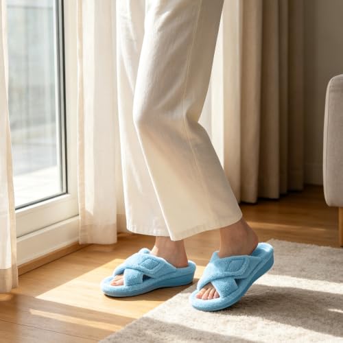 Image of BCSTUDIO Women's Orthopedic House Fuzzy Slippers with Arch Support | Plantar Fasciitis Relief Orthotic Furry Slippers, Open Toe, Cross-Band, Non-slip Sole, Machine Washable, Indoor Outdoor