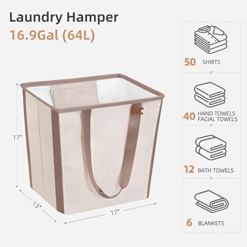Image of STORAGE MANIAC Collapsible Laundry Basket, 16.9 Gal. Large Pop-up Laundry Hamper with Long Carry Handles, Space-Saving Foldable Clothes Hamper with Bottom Elastic Band, Travel Laundry Bags, Oat Beige