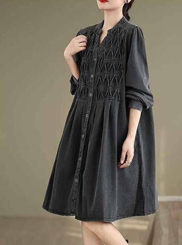 Women's Casual Denim Shirt Dress Single Breasted V Neck Mid-Length Jean Trench Coat with Pockets3