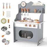 Maxmass Kids Play Kitchen, Wooden Children Pretend Kitchen with Clock, Faucet, Sink, Stove, Abundant Accessories, Toddler Role Play Toy Kitchen Set for 3+ Years Old Boys Girls (Grey)