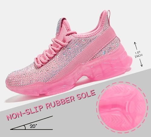 LUCKY STEP Girls Rhinestone Slip On Sneakers Kids Sparkly Lightweight Tennis School Knit Jelly Sole Glitter Walking Shoes Toddler4
