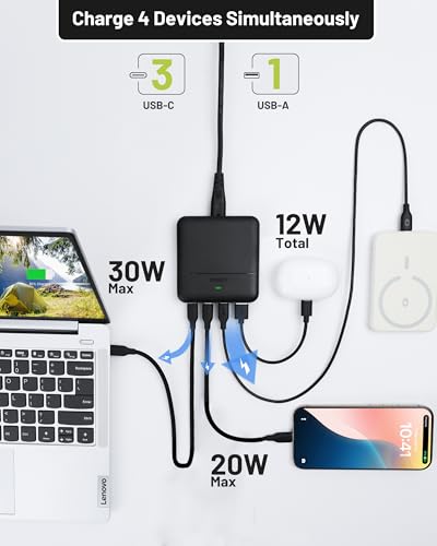 Image of USB C Charging Station 67W, 4-Port Slim USB C Charger Block for iPhone 17 /16 /15, MacBook Air /Pro with 5ft Extension Cord, 3 USBC, 1 USB-A, Fast Charging Desktop Charger for Home Office Travel, Black