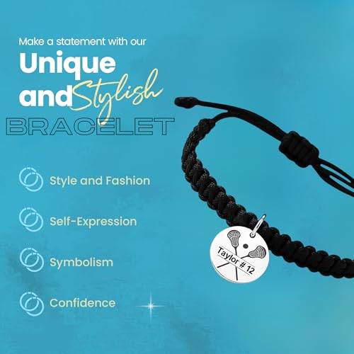 Personalized Lacrosse Bracelet – Custom Engraved Stainless Steel Charm with Jersey Number – Adjustable Rope Jewelry – Gift for Lacrosse Player or Team4