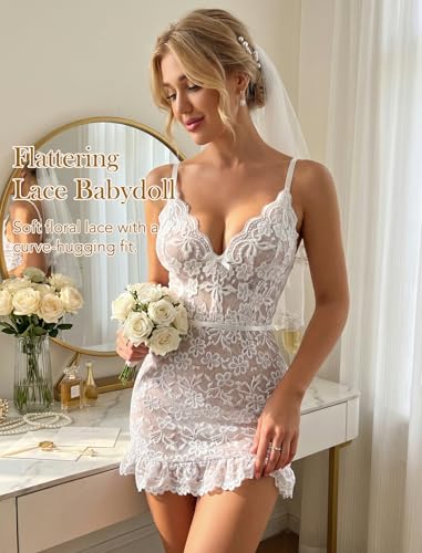 Image of Girece Sexy Lingerie for Women Babydoll Lingerie Dress Lace Chemise Nightgown with Adjustable Straps, Ruffle Hem G String