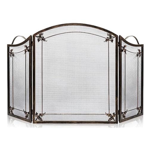 Feuerschutz, groß, hitzebeständig, Antik-Messing-Farbe, 130 x 80 cm, schmiedeeiserner Funkenflammen-Feuerschutz für Holzofen Comfortable Anniversary