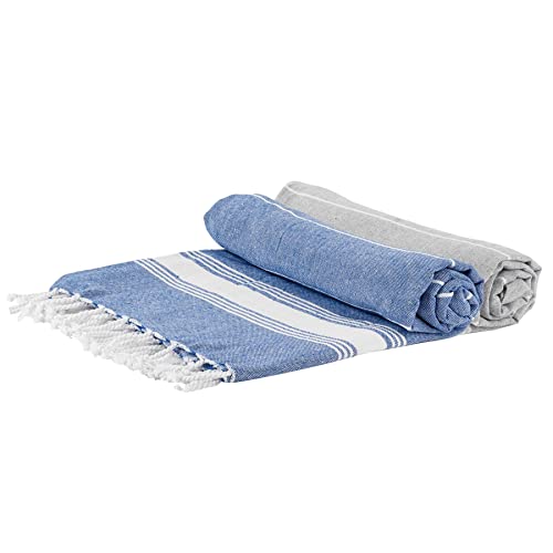 Nicola Spring Turkish Cotton Bath Towels - 170 x 90cm - Navy/Grey - Pack of 2 - Lightweight & Absorbent Large Adults Drying Beach Towel Bathroom Gym Cloth Sauna Hammam Shower Sheet
