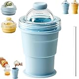 2-in-1 Collapsible Silicone Ice Ball Maker Cup, Reusable Portable Ice Sphere Mold with Leakproof Lid and Straw, Foldable Travel Tumbler for Iced Coffee, Juice, Gym, Camping and Outdoor Use (Blue)