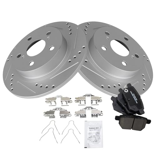 Image of TRQ Performance Rear Brake Pad and Rotor Set Ceramic Coated Drilled Slotted Rotors Compatible with 2011-2016 Scion tC