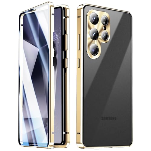 Coque Samsung S25 Ultra or en verre et métal luxueux avec cadre magnétique élégant