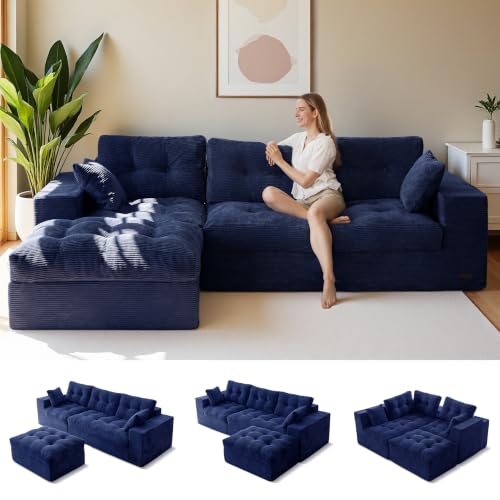 Image of MAXYOYO 96 inch L Shaped Modular Sectional Sofa with Ottoman, Cloud Boneless Couch with Layered Cushion, Upholstered Flexible Module Combination Sofa for Living Room, No Assembly, Navy