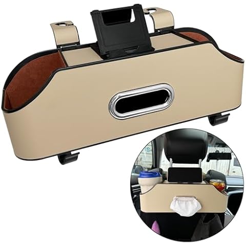 YUBOMT Car Seat Back Organizer with Cup Holder, Tissue Box, Phone Holder, Storage Hook, Multifunctional Back Seat Storage for Car, SUV-Beige Cover