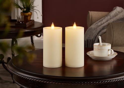 Image of Flameless Pillar Candles Flickering with Remote Timer, Battery Operated LED Candles Up to 400 Hours, 3D Moving Flame Real Wax Candles. (Ivory Vertical Stripe-2 Pack)