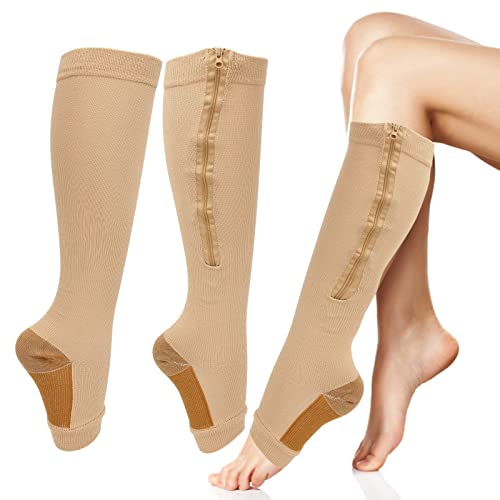 Meias de compressão com zíper, meias de compressão de bico aberto, meia cano alto para corrida atlét