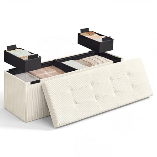 SONGMICS Home Ottoman with Storage, Removable Lid, Folding Storage Chest, Easy Assembly, for Entryway, Bedroom, Living Room, 15.2 x 43.2 x 15.2 Inches, Corduroy, Light White