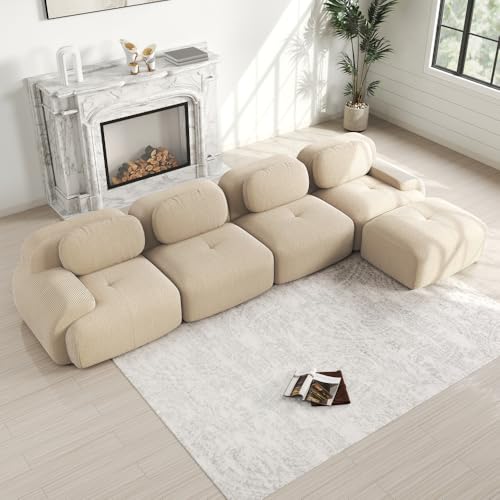 Vepssder Sofá esquinero de 4 plazas con revestimiento 32D altamente elástico, antideslizante, con chaise longue y reposabrazos extragrandes, libremente combinable, no requiere montaje, color beige