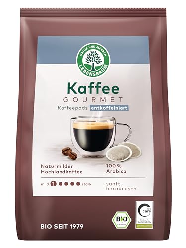 LEBENSBAUM Kaffeepads Kaffee Gourmet entkoffeiniert Bio Kaffee aus Arabica-Bohnen Intensität 1/5 naturmilder harmonischer Genuss 18 Pads