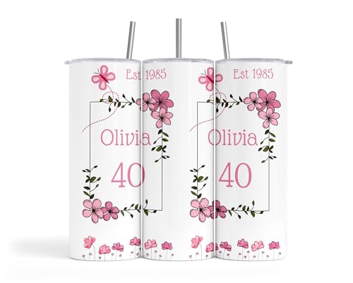 Image of Personalised Pink Floral Design 20oz White Skinny Stainless Steel Insulated Tumbler Travel Coffee Water Mug Lid Straw Bottle Cup Sports Gym 18th|21st|30th|40th Birthday