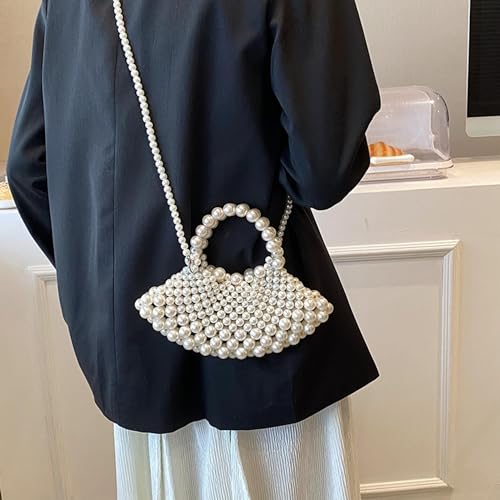 Image of Cute White Pearl Clutch Purse Bag For Women Evening Handbags Small Crossbody Handle Beaded Purses