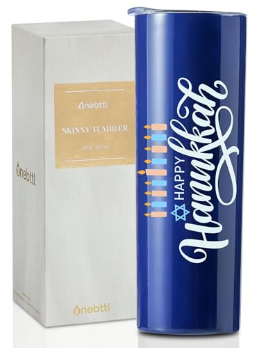 Onebttl Hanukkah Gifts Jewish Tumbler for Women, 20oz Stainless Steel Cup with Lid & Straw for Chanukah for Friends, Coworkers, Teachers - Happy Hanukkah