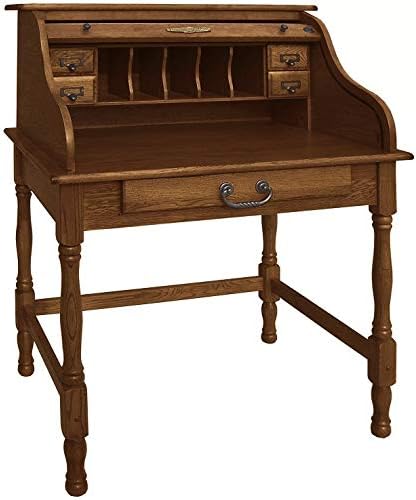 Mini Roll Top Desk Solid Oak Wood 32x 24x 44 Small Writing or Laptop Desk Burnished Walnut Finish Small Desk For Home Office, Kitchen, Bedroom, Living Room, Den Great Bill Paying Desk