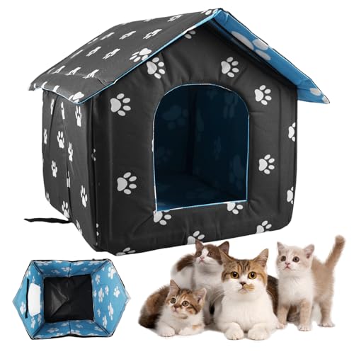 WIYETY Casa para gatos para exteriores, resistente al invierno, refugio plegable para gatos, con cojín extraíble, refugio impermeable para gatos, para perros pequeños, gatos, conejos, negro (M)