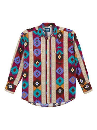 Wrangler Men's Western Checotah Aztec Print Long Sleeve Snap Shirt, Khaki, Medium