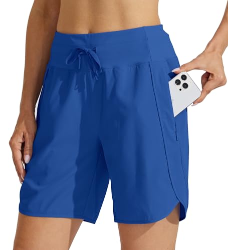 WILLIT Pantalones cortos de deporte para mujer, de cintura alta, para correr, de verano, de secado rápido, para senderismo, deporte, fitness, correr, con bolsillos, 7 pulgadas, azul celeste, L