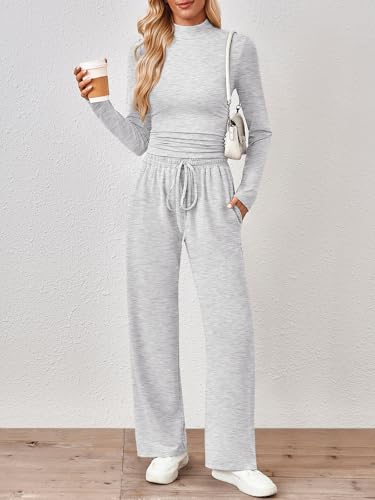 Trendy Queen Womens 2 Piece Matching Lounge Set Mock Turtleneck Top Wide Leg Pants Casual Sweatsuit with Pockets