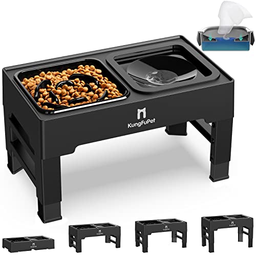KungFuPet Elevated Dog Bowls, 2-in-1 Raised Slow Feeder Dog Bowls Stand with Anti Spill Non-Skid No Shaking Water Bowl 4 Height for Large Medium Dogs[Upgrade Version] by KungFuPet - Used condition - US$25.01
