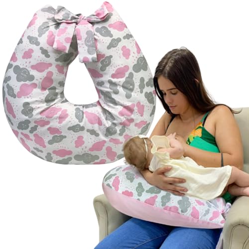 Almofada amamentação para bebê e gravida com laço zíper e refil 100% algodão Nuvem Rosa