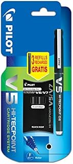 Pilot V5 Cartridge System Liquid Ink Rollerball, 0.5 mm Tip Single Pen with 3 Free Refills - Black