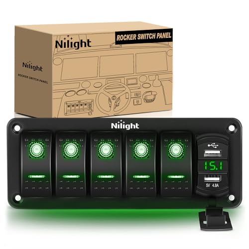 Nilight 5 Gang Rocker Switch Panel with Dual USB Socket Voltmeter
