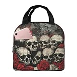 ABYchdd Lonchera aislada con estampado de calavera y rosa roja para mujeres y hombres, lonchera reutilizable para el trabajo y picnic