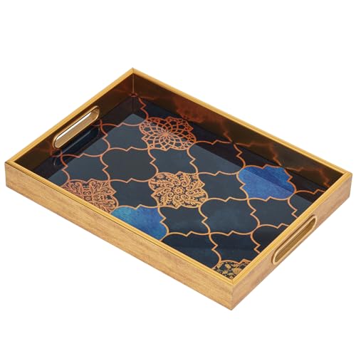 Plateau de Service, Plateau à café rectangulaire avec poignée, Grand Plateau de Cuisine en Verre Plateau décoratif pour la Cuisine, Le Salon, Le Bar, Les fêtes (37 x 27 x 4.5 CM)
